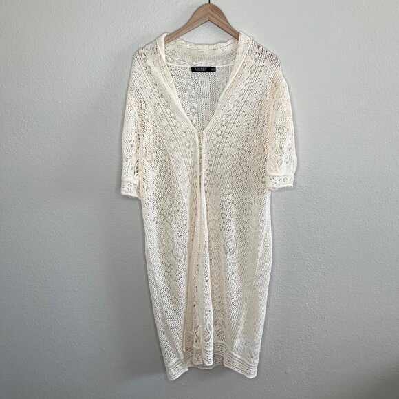 Lauren Ralph Lauren 1X White ivory Long Linen Crochet Cardigan Sweater - Picture 10 of 14